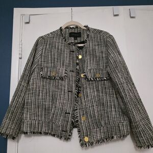 Ann Taylor Factory Green, Black and White Tweed Jacket with Gold Buttons
